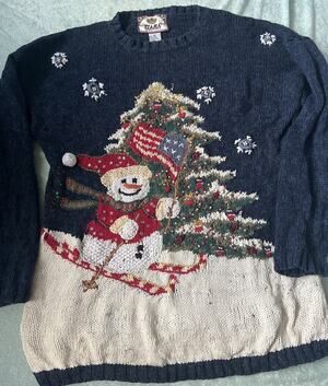 VTG Tiara International Ugly Christmas Sweater Snowman Skiing USA Flag M
